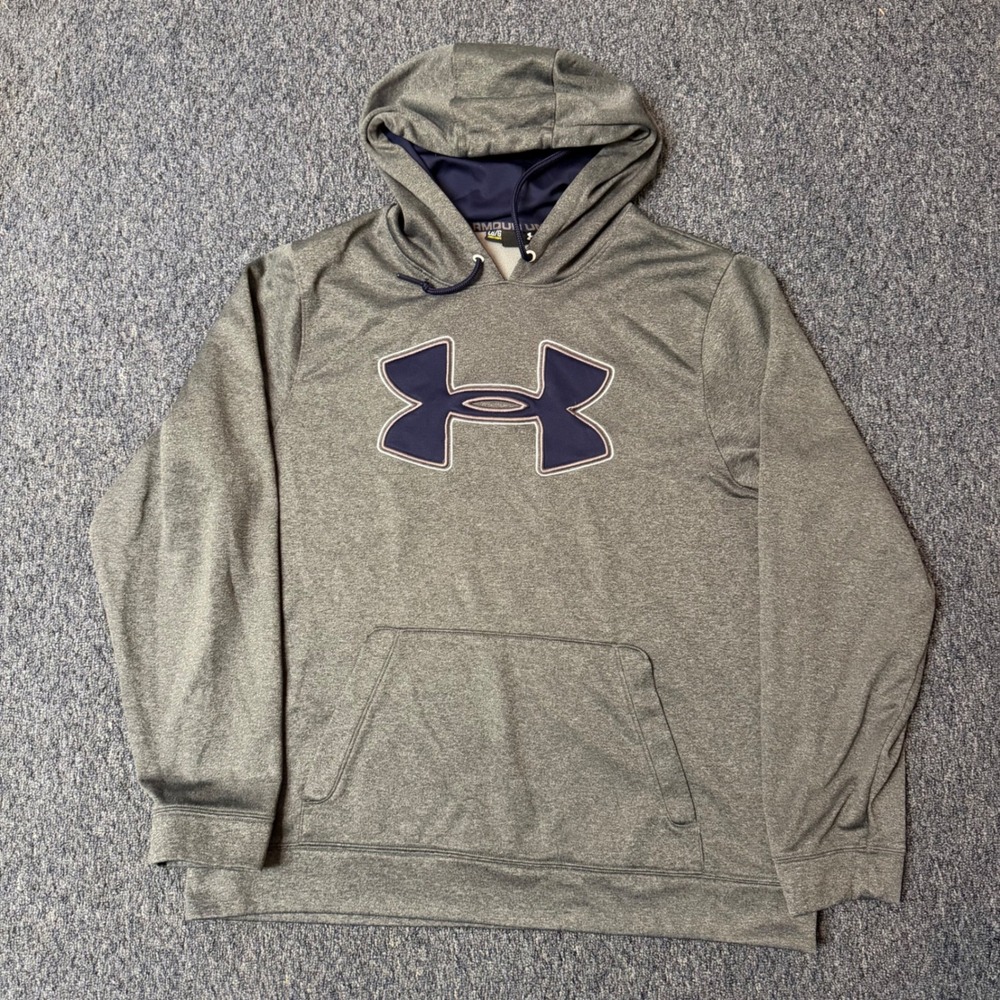 Under Armour Storm Hoodie Mens Large Gray Navy Blue Logo Pullover Sweatshirt